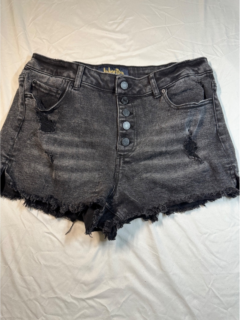 Indigo rein distressed blk denim shorts button fly 15/31